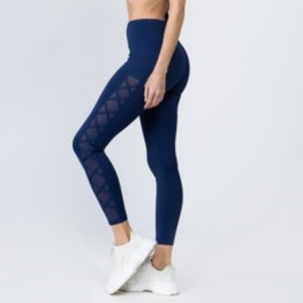 Active Lace-Up Mesh Side Workout Leggings - NAVY